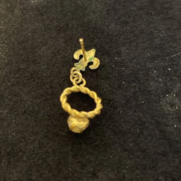 Gold Tone Fleur De Lis Stud Dangling Circle with Small Pearl in Center Earrings - Picture 6 of 9